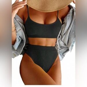 SHEIN Black Ribbed Bikini Set with Scoop Bra Top High Waist Tummy Control NWOT